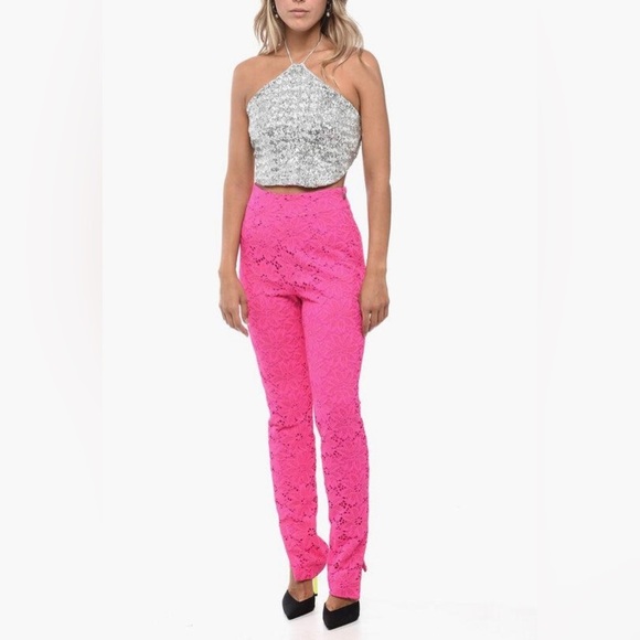 ROTATE BIRGER CHRISTENSEN HEAVY LACE HIGH RISE PANTS IN PINK GLO - Picture 2 of 11